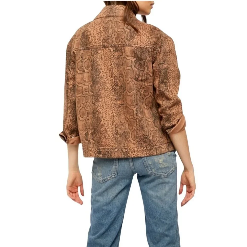 Free People Snake Print Trucker Jacket Button Closure Pockets Size S - Picture 4 of 13